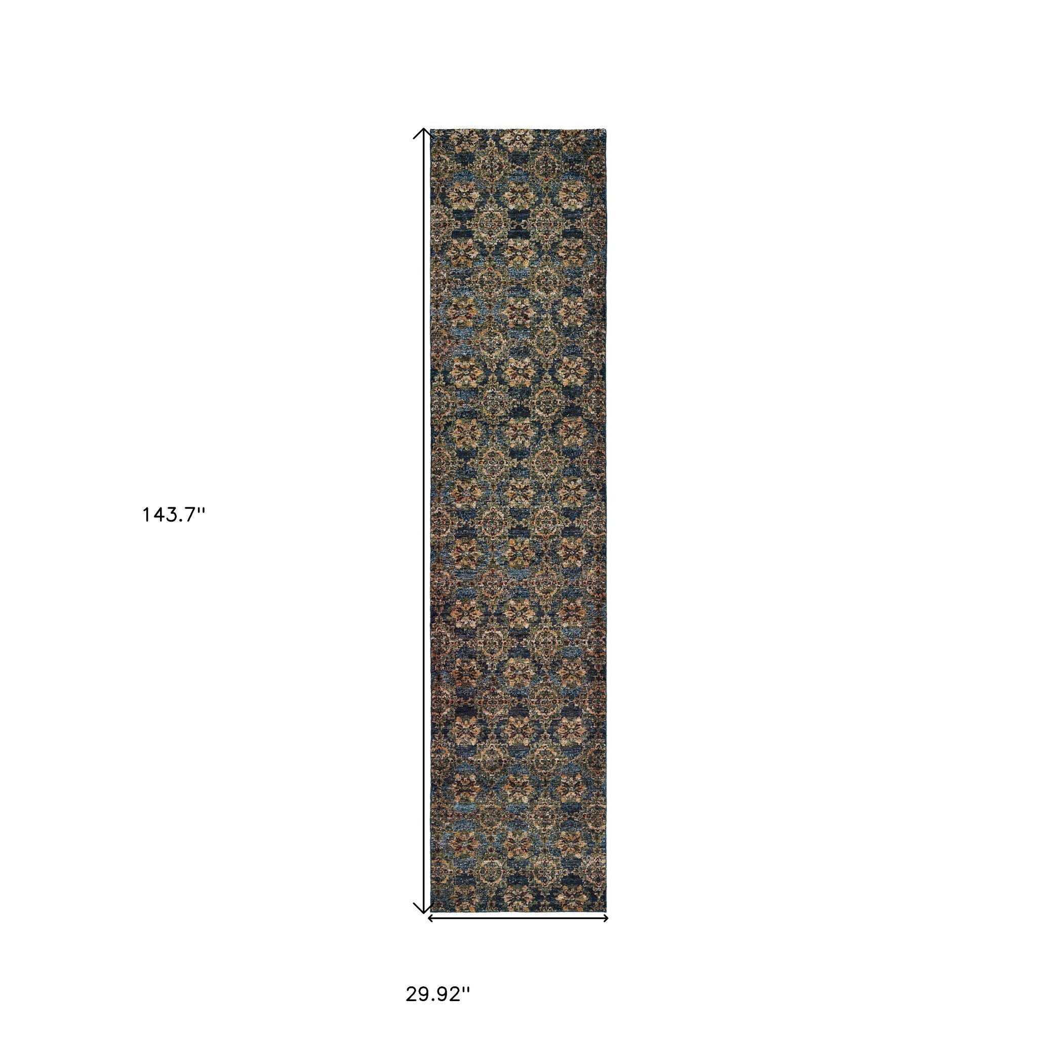 2' X 10' Blue And Gold Oriental Power Loom Stain Resistant Runner Rug