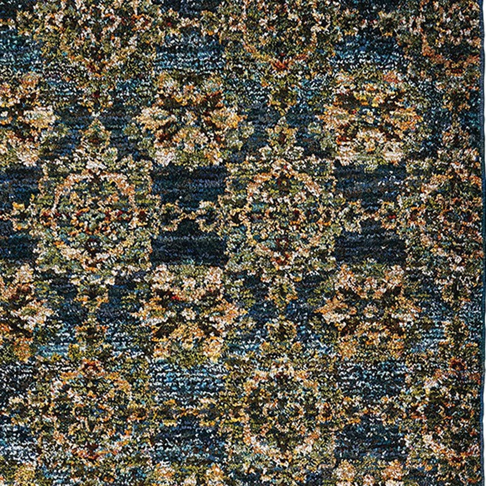 2' X 10' Blue And Gold Oriental Power Loom Stain Resistant Runner Rug