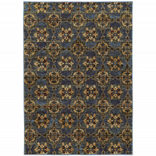 5' X 7' Blue And Gold Oriental Power Loom Stain Resistant Area Rug