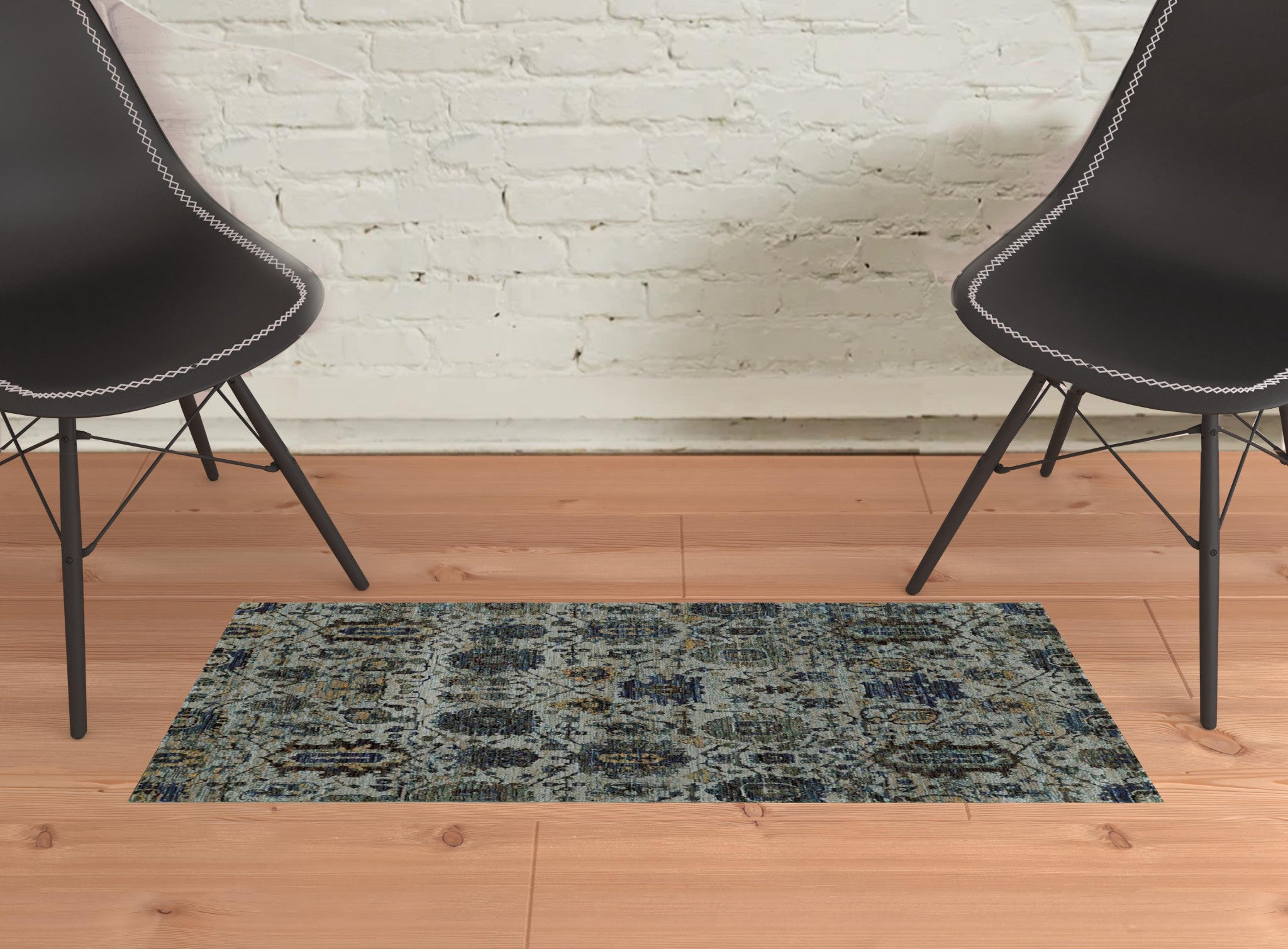 2' X 3' Blue And Navy Oriental Power Loom Stain Resistant Area Rug