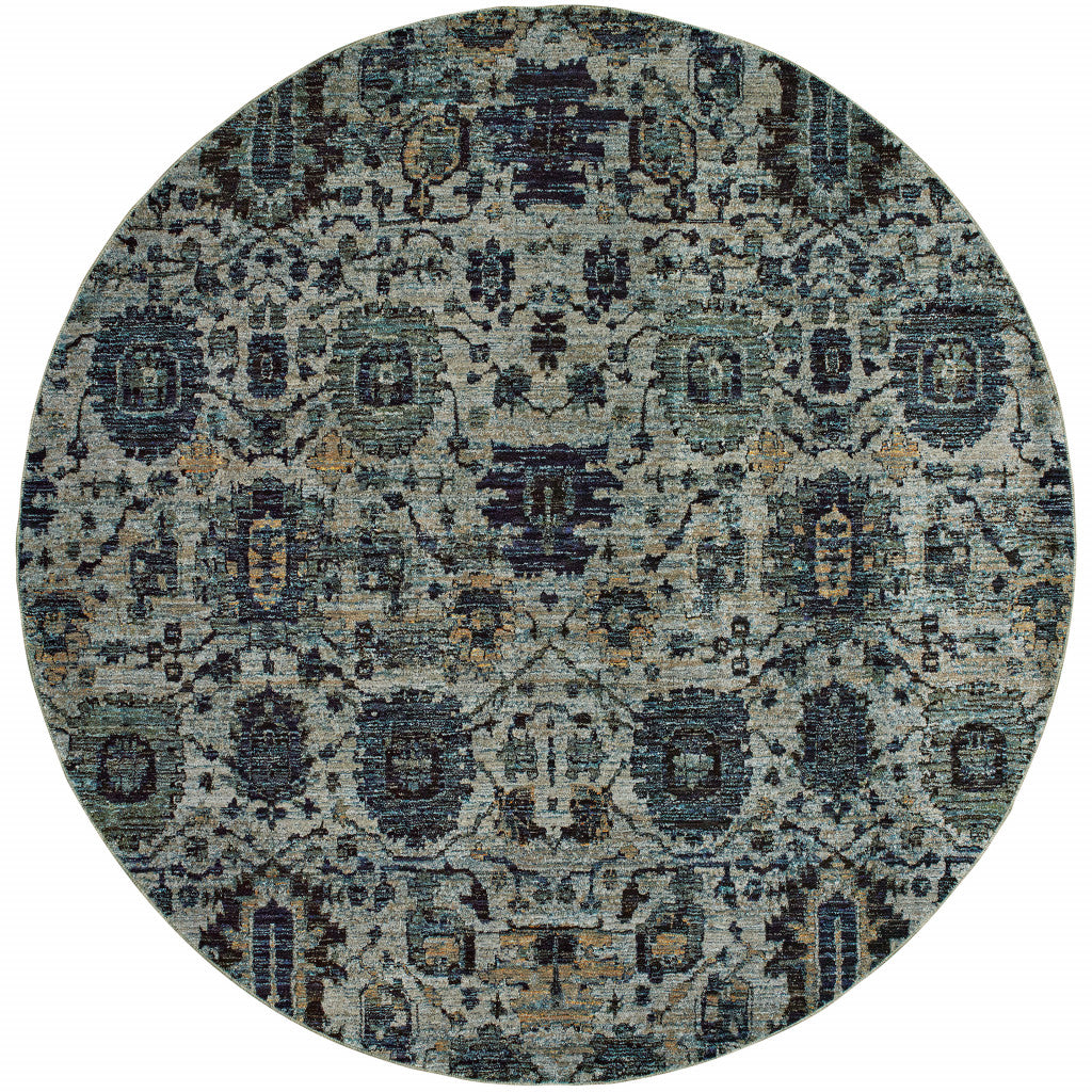 8' Blue And Navy Round Oriental Power Loom Stain Resistant Area Rug