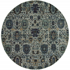 8' Blue And Navy Round Oriental Power Loom Stain Resistant Area Rug