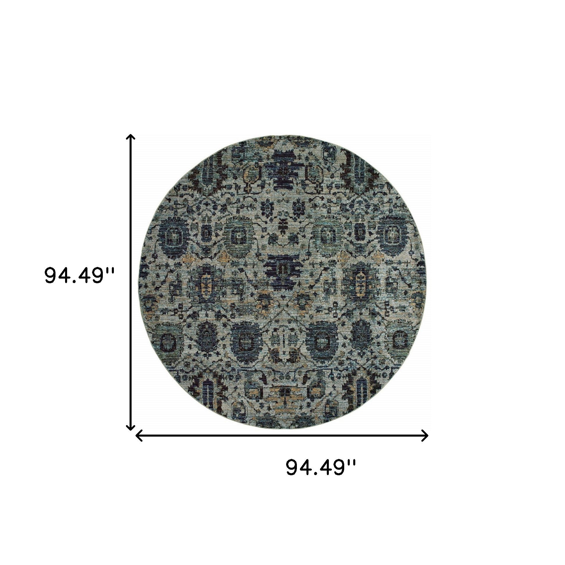 8' Blue And Navy Round Oriental Power Loom Stain Resistant Area Rug