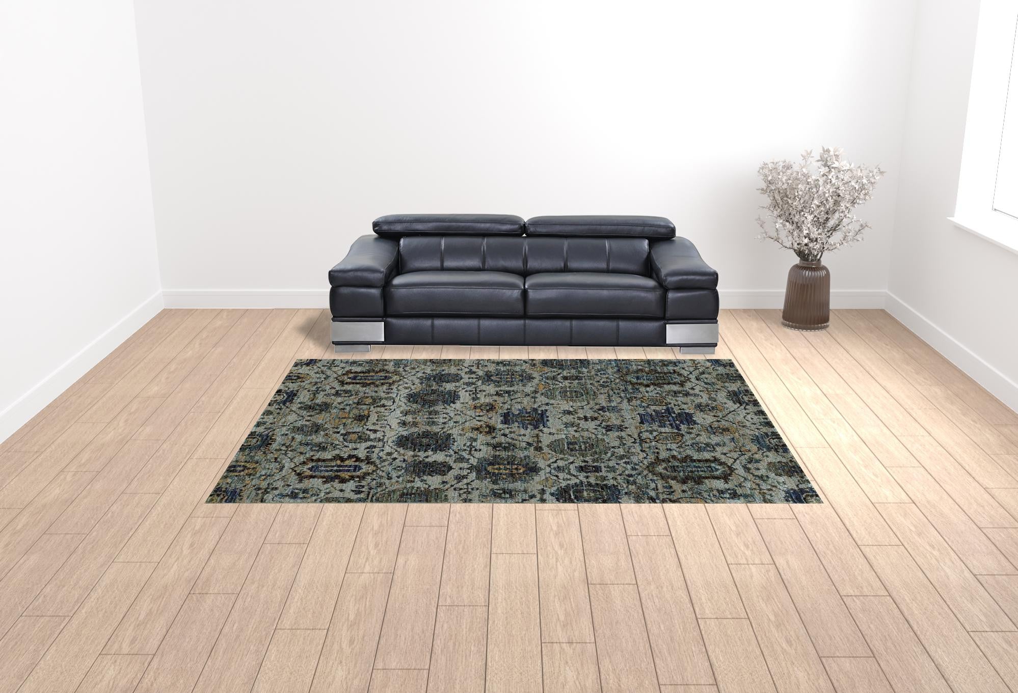 9' X 12' Blue And Navy Oriental Power Loom Stain Resistant Area Rug