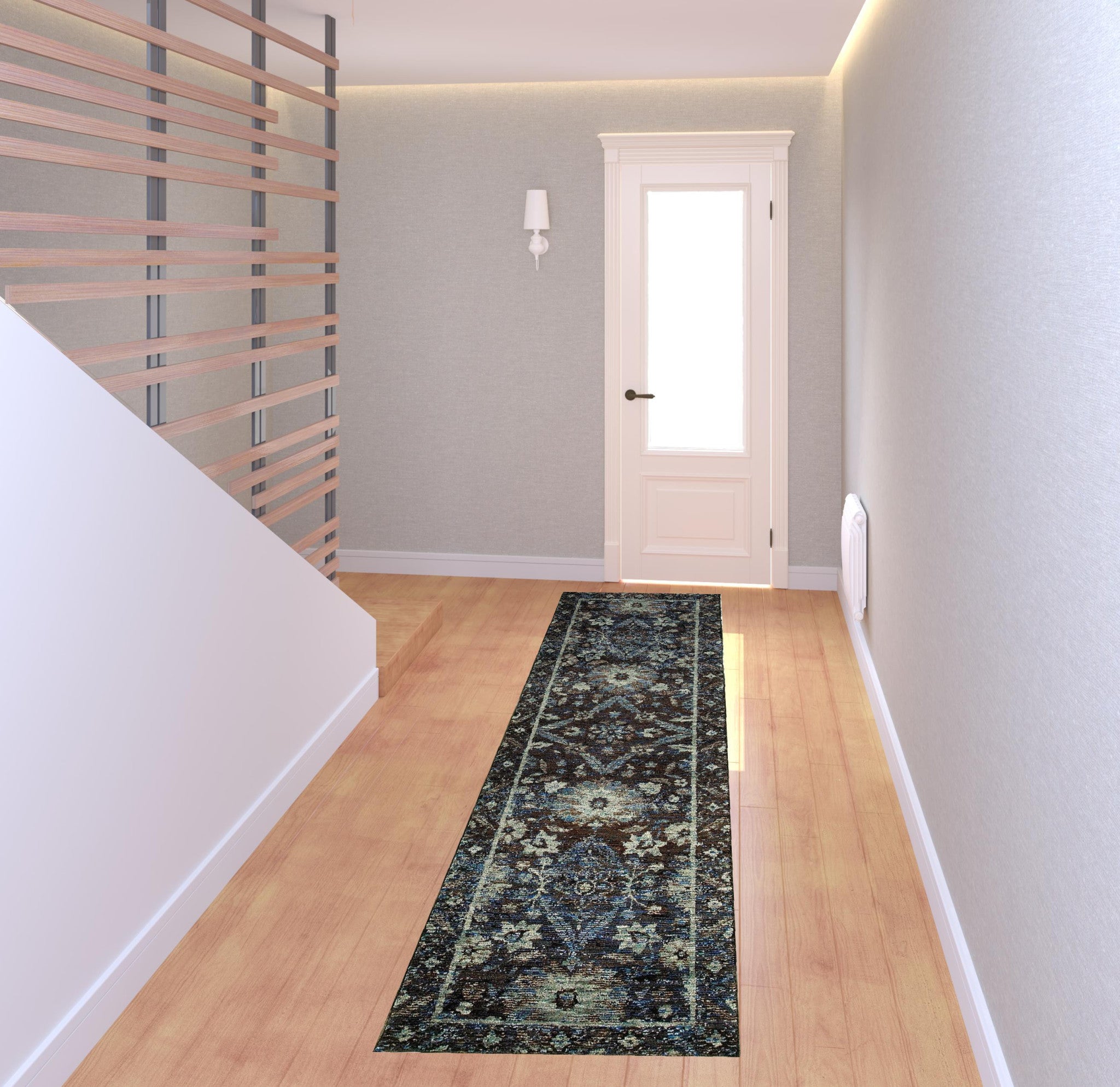 2' X 8' Navy And Blue Oriental Power Loom Stain Resistant Runner Rug