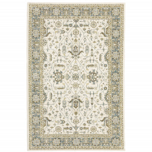 2' X 3' Ivory Grey And Blue Oriental Power Loom Stain Resistant Area Rug