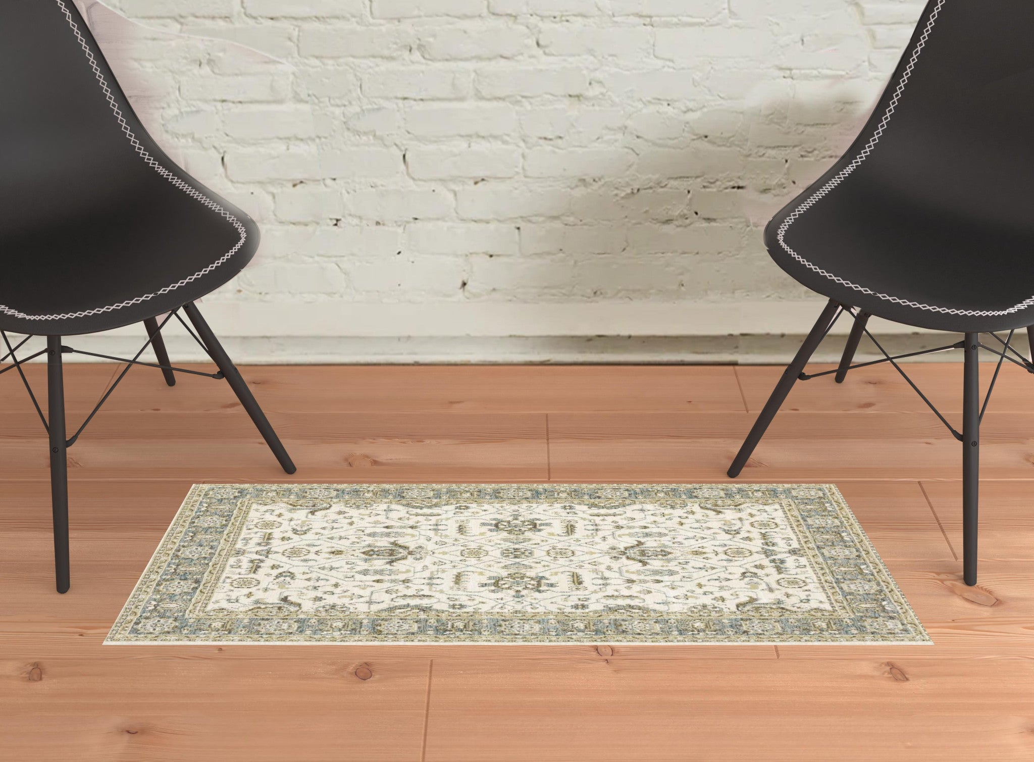 2' X 3' Ivory Grey And Blue Oriental Power Loom Stain Resistant Area Rug