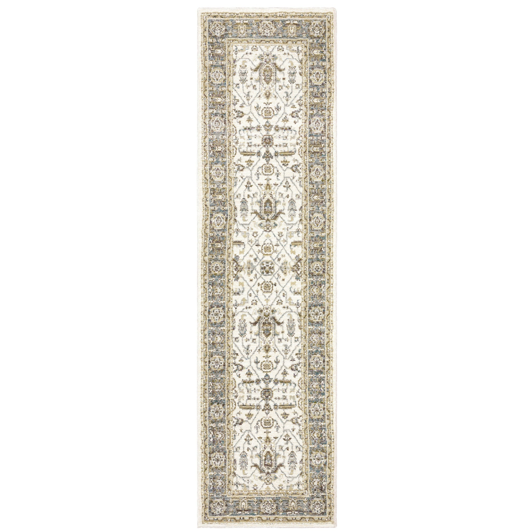 2' X 8' Ivory Grey And Blue Oriental Power Loom Stain Resistant Runner Rug