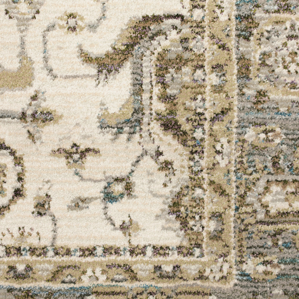 3' X 5' Ivory Grey And Blue Oriental Power Loom Stain Resistant Area Rug