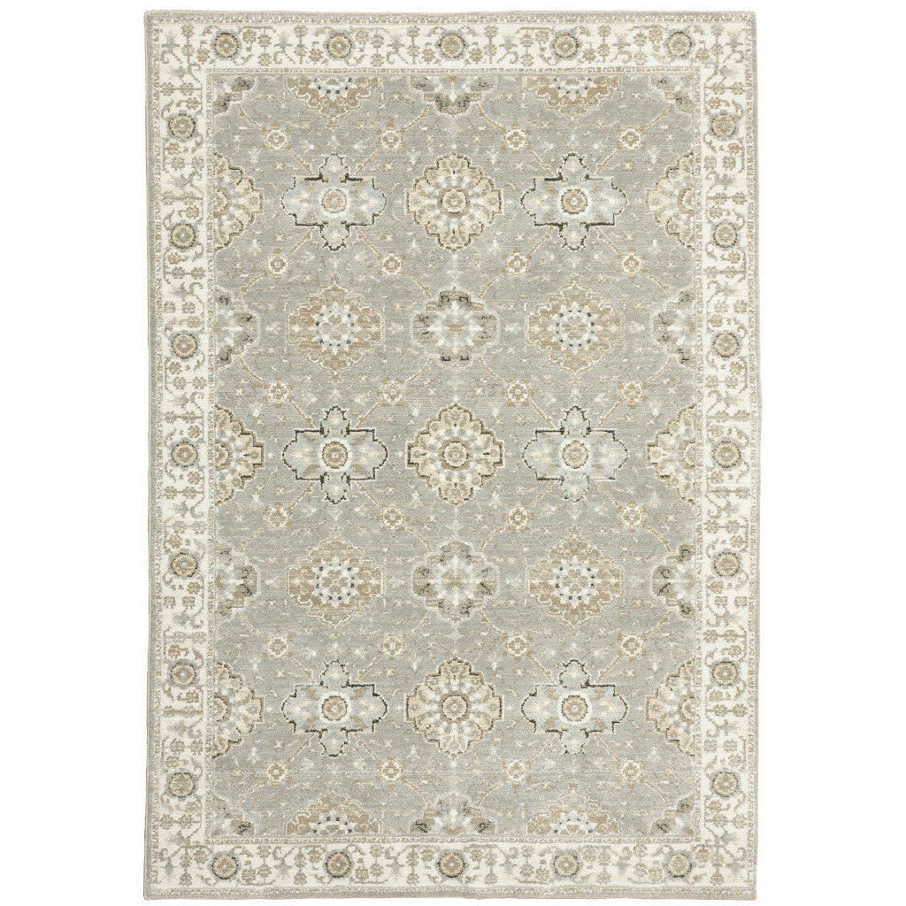5' X 7' Grey Ivory Tan Brown And Gold Oriental Power Loom Stain Resistant Area Rug