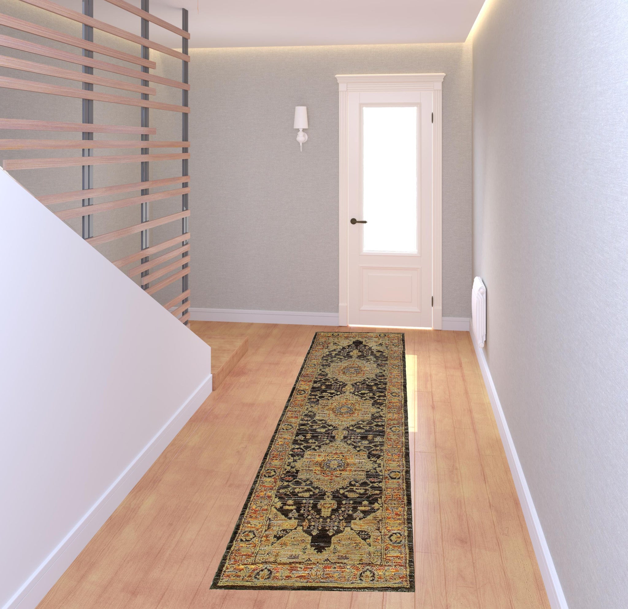 2' X 8' Gold Brown Grey Rust Green And Purple Oriental Power Loom Stain Resistant Runner Rug