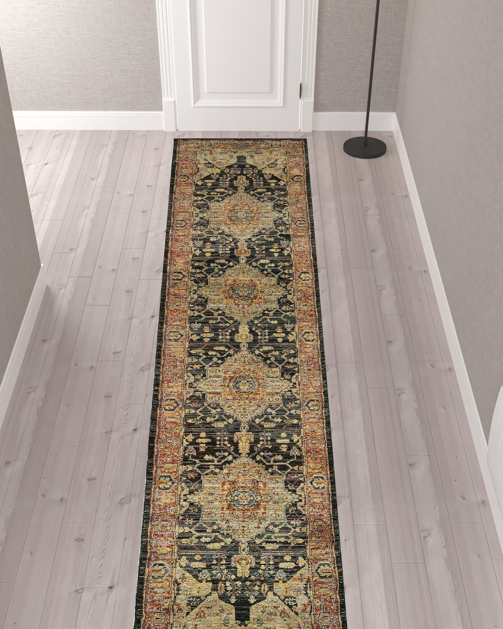 2' X 10' Gold And Black Oriental Power Loom Runner Rug