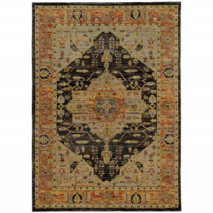 3' X 5' Gold Brown Grey Rust Green And Purple Oriental Power Loom Stain Resistant Area Rug