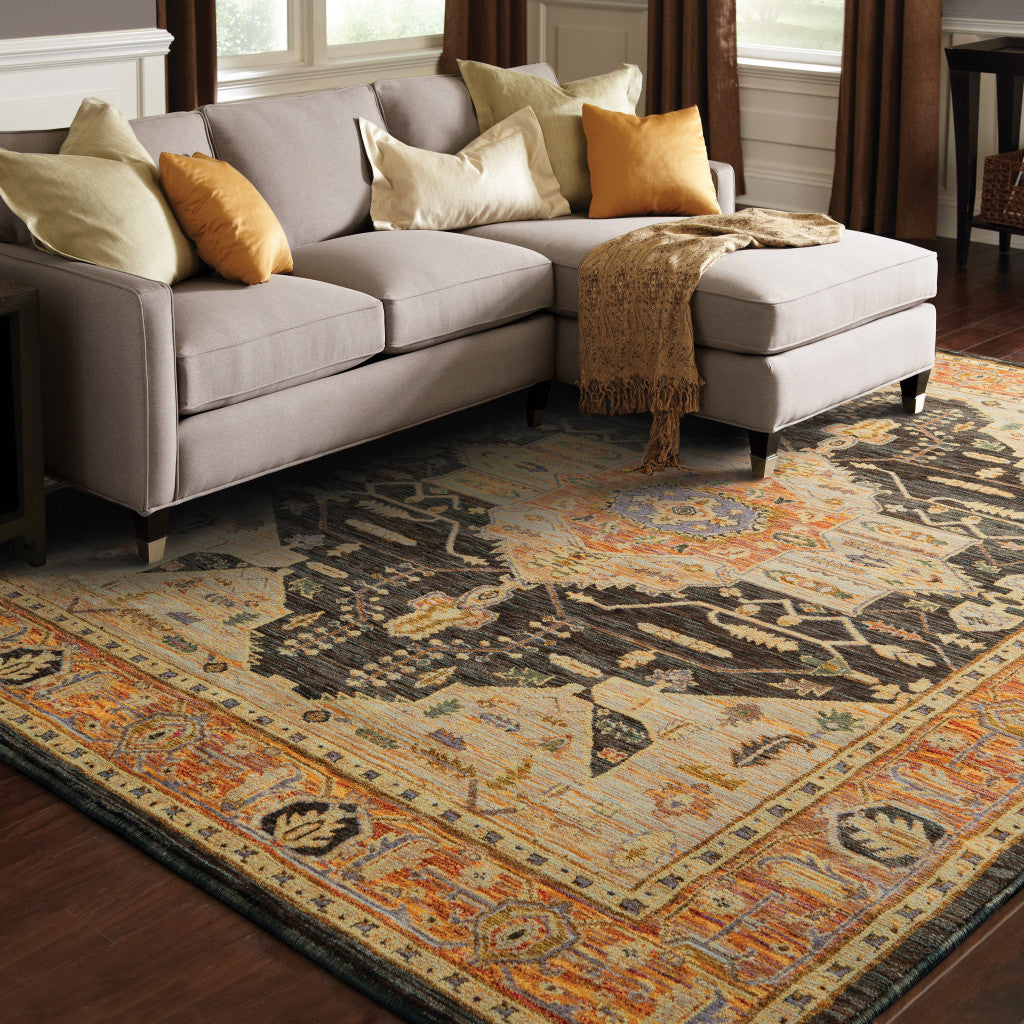 3' X 5' Gold Brown Grey Rust Green And Purple Oriental Power Loom Stain Resistant Area Rug