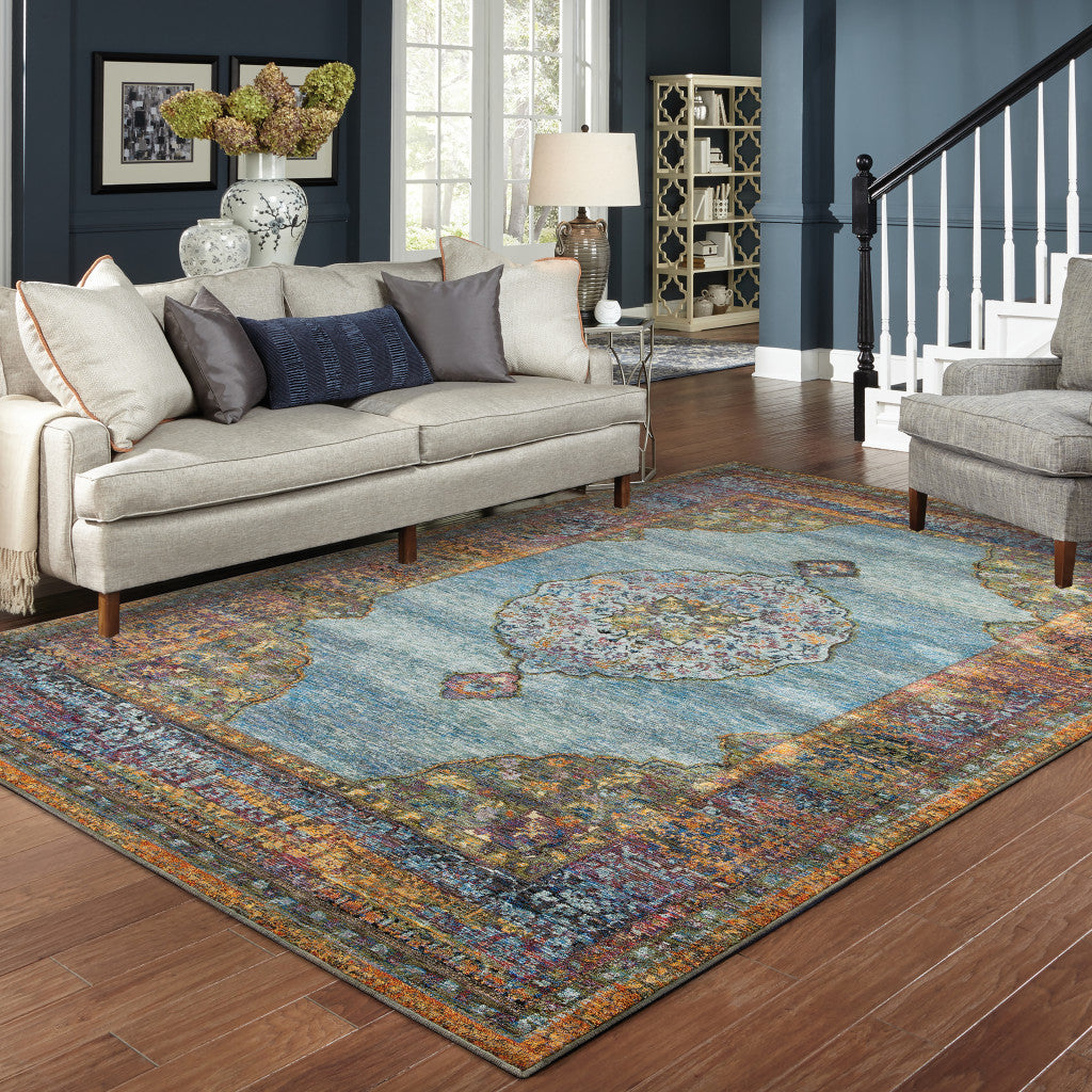 2' X 3' Blue Gold Green Red Orange And Purple Oriental Power Loom Stain Resistant Area Rug