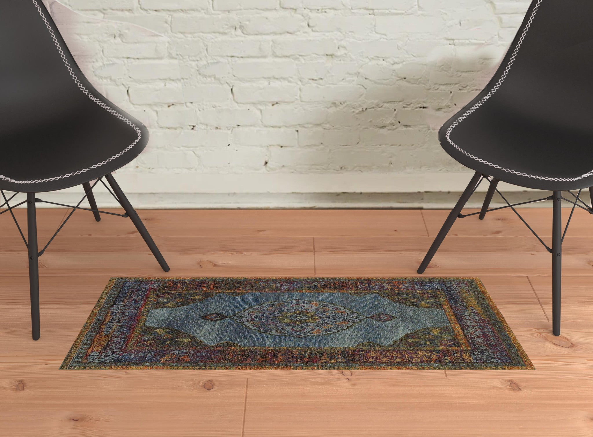 2' X 3' Blue Gold Green Red Orange And Purple Oriental Power Loom Stain Resistant Area Rug