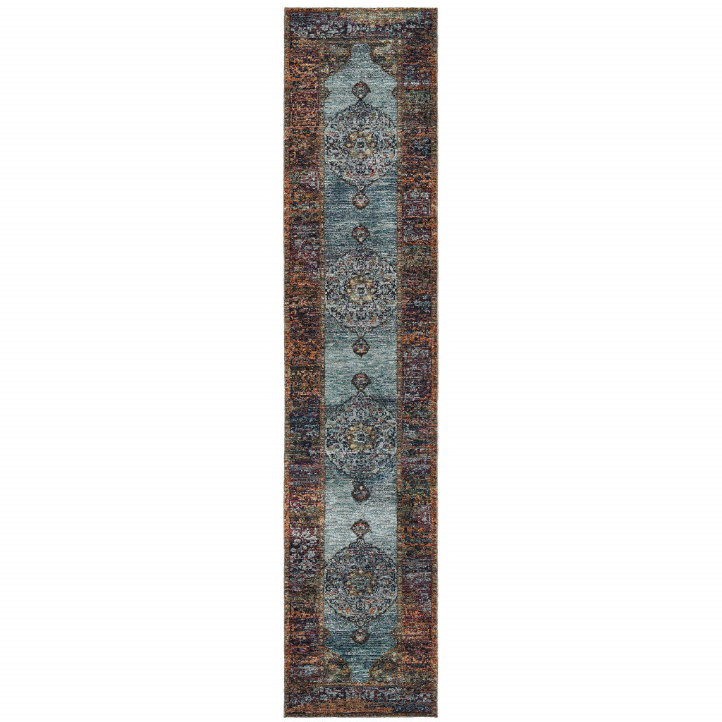 2' X 10' Blue And Red Oriental Power Loom Runner Rug