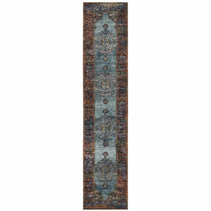 2' X 10' Blue And Red Oriental Power Loom Runner Rug
