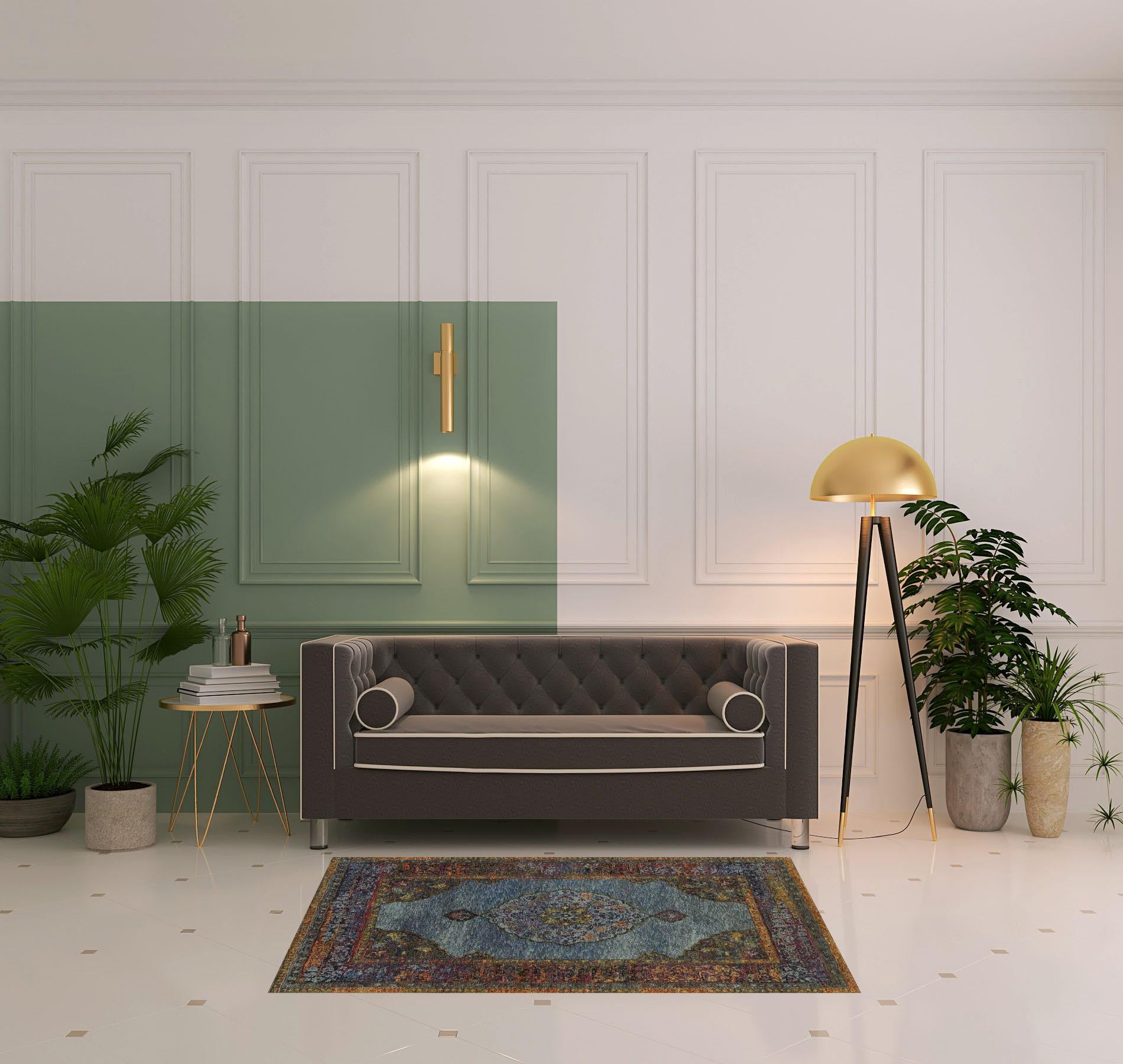 3' X 5' Blue Gold Green Red Orange And Purple Oriental Power Loom Stain Resistant Area Rug