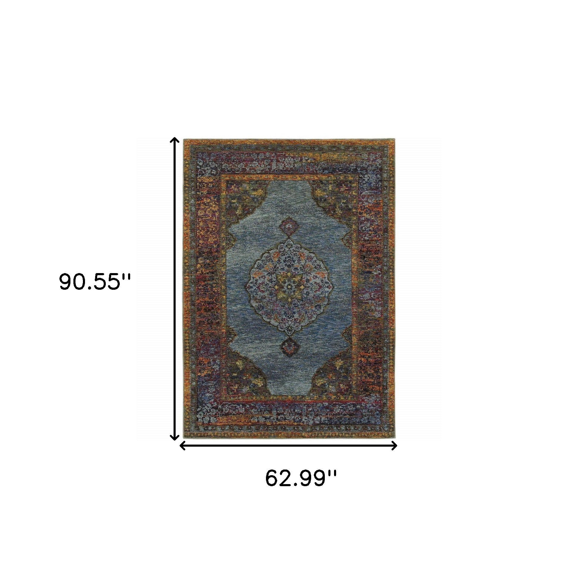 5' X 7' Blue Gold Green Red Orange And Purple Oriental Power Loom Stain Resistant Area Rug