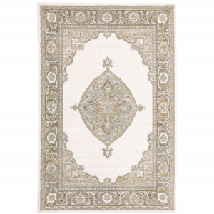 2' X 3' Beige Ivory Tan Gold Grey And Green Oriental Power Loom Stain Resistant Area Rug