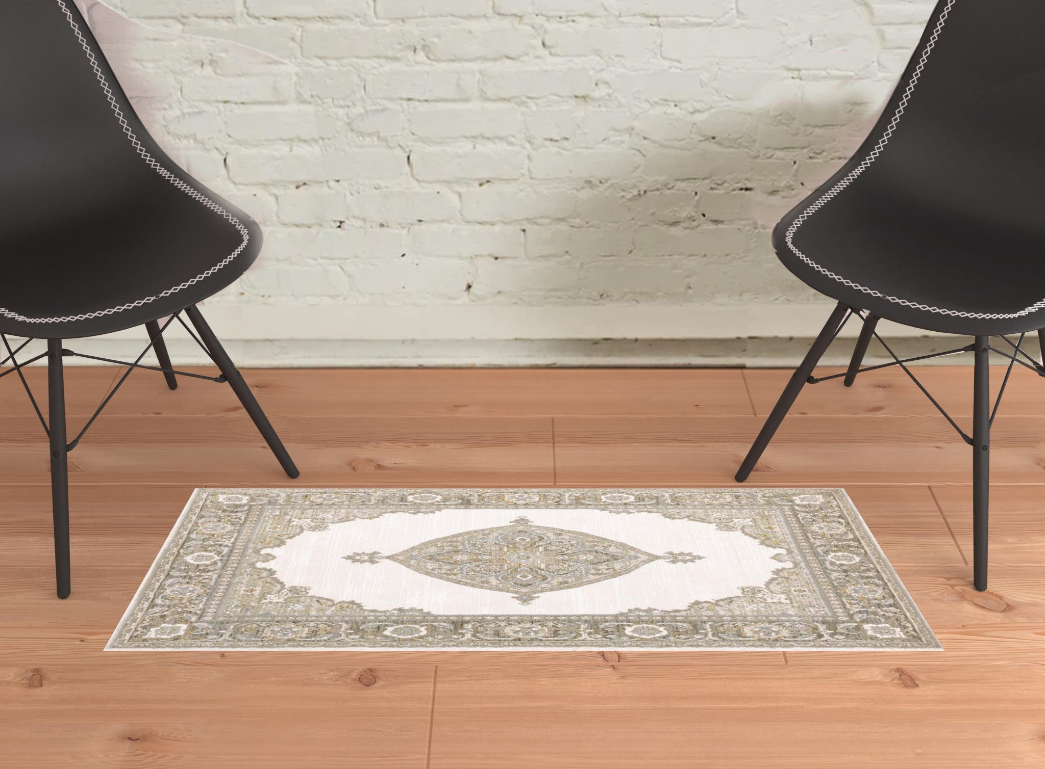 2' X 3' Beige Ivory Tan Gold Grey And Green Oriental Power Loom Stain Resistant Area Rug