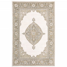 3' X 5' Beige Ivory Tan Gold Grey And Green Oriental Power Loom Stain Resistant Area Rug
