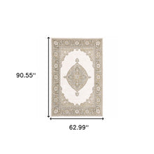 5' X 7' Beige Ivory Tan Gold Grey And Green Oriental Power Loom Stain Resistant Area Rug