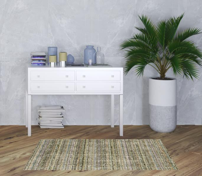 3' X 5' Green Green Grey And Purple Abstract Power Loom Stain Resistant Area Rug