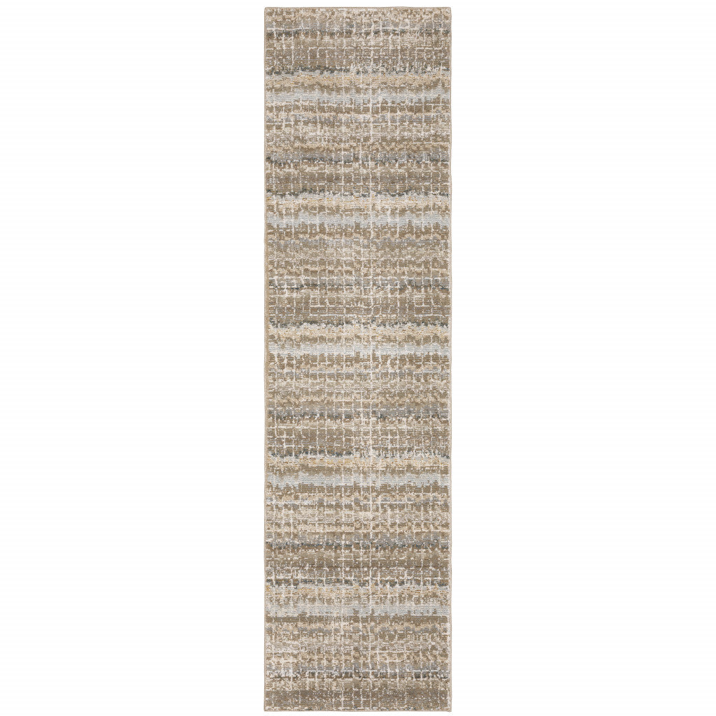 2' X 10' Ivory Grey Tan And Brown Abstract Power Loom Stain Resistant Runner Rug