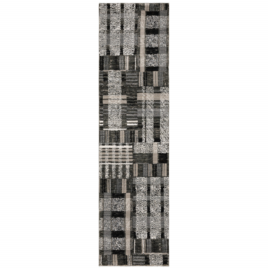 2' X 8' Black Grey And Ivory Geometric Power Loom Stain Resistant Runner Rug