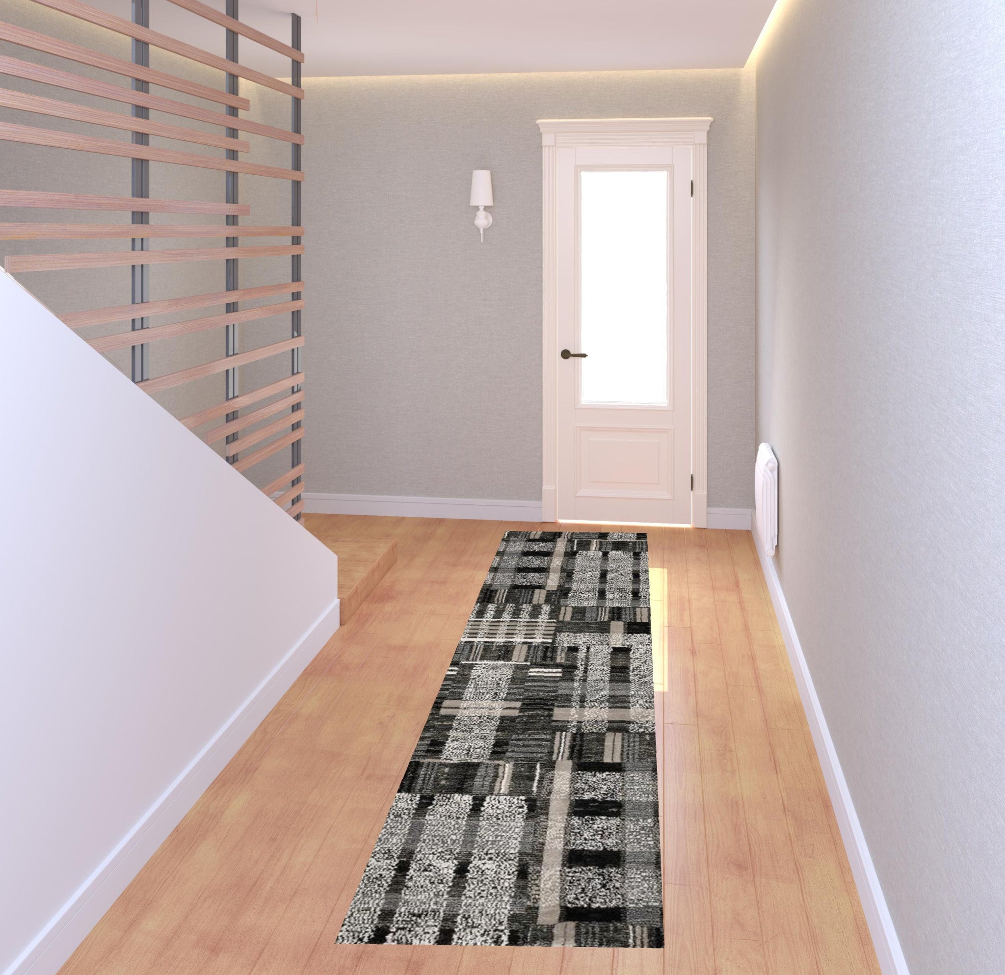 2' X 8' Black Grey And Ivory Geometric Power Loom Stain Resistant Runner Rug