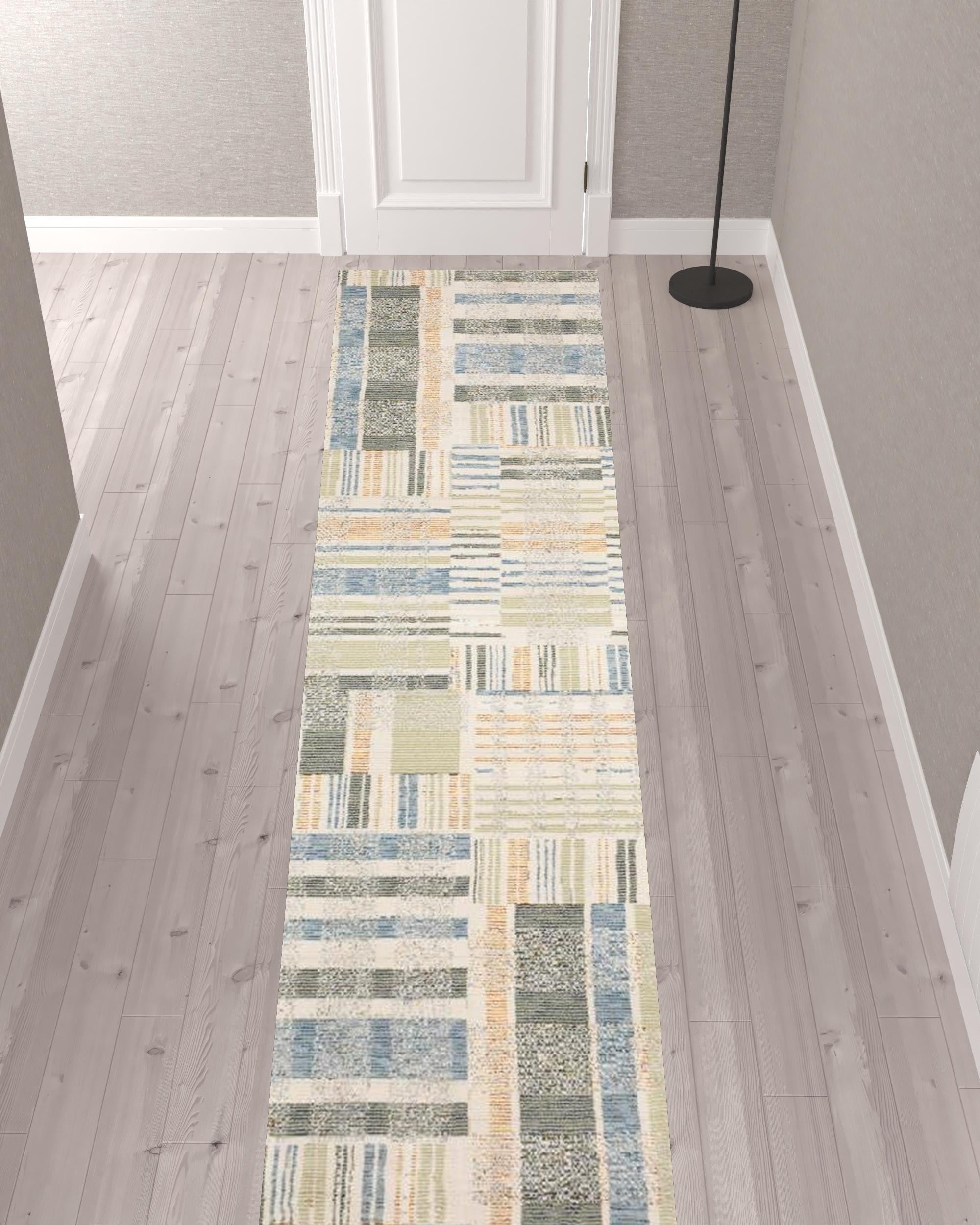 2' X 10' Green Grey And Ivory Geometric Power Loom Stain Resistant Runner Rug