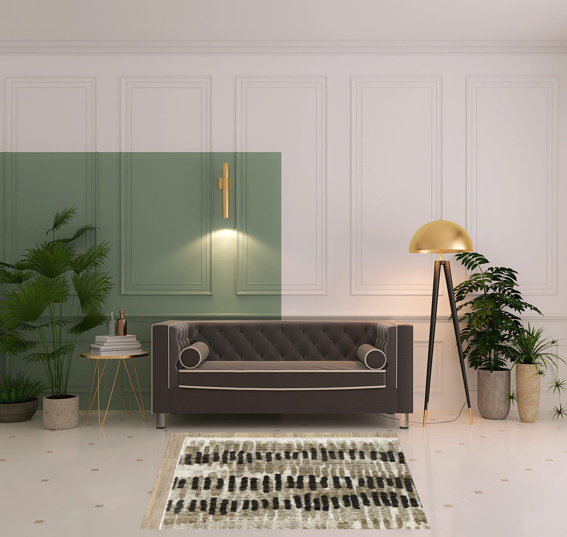 4' X 6' Beige Ivory Charcoal Brown Tan And Grey Abstract Power Loom Stain Resistant Area Rug With Fringe