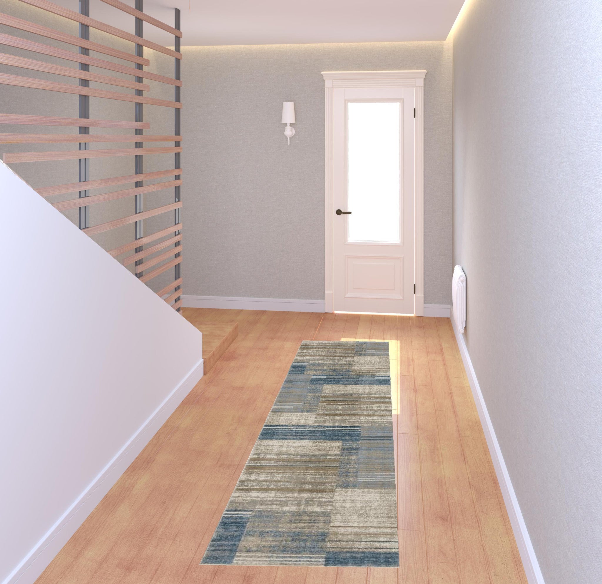 8' Blue Dark Blue Teal Grey Ivory Beige And Tan Geometric Power Loom Runner Rug With Fringe