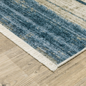 8' Blue Dark Blue Teal Grey Ivory Beige And Tan Geometric Power Loom Runner Rug With Fringe