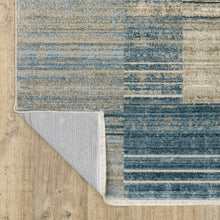 8' Blue Dark Blue Teal Grey Ivory Beige And Tan Geometric Power Loom Runner Rug With Fringe
