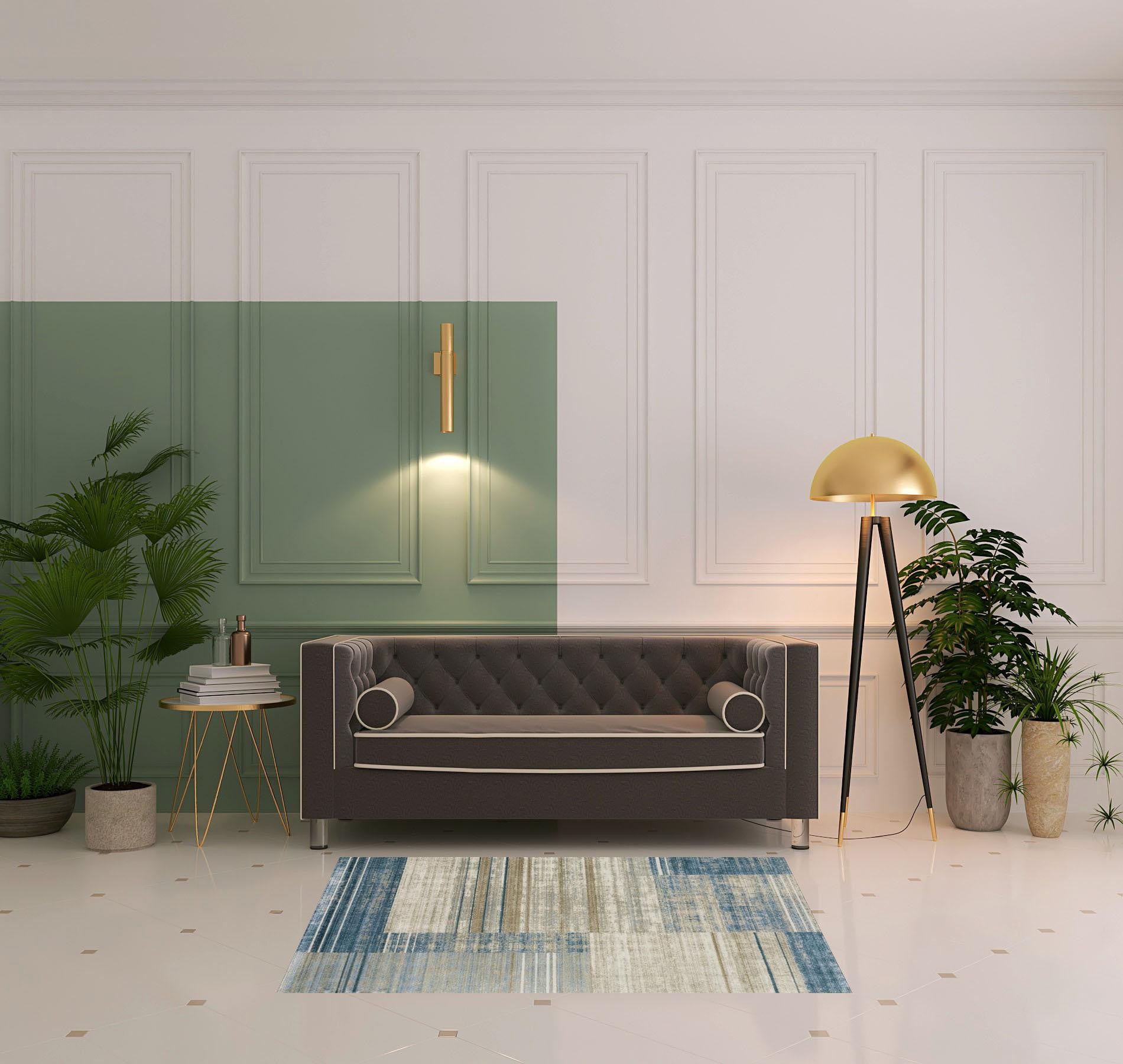 4' X 6' Blue Dark Blue Teal Grey Ivory Beige And Tan Geometric Power Loom Stain Resistant Area Rug With Fringe