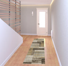 8' Beige Charcoal Brown Grey Tan Gold And Blue Geometric Power Loom Runner Rug With Fringe