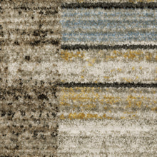 8' Beige Charcoal Brown Grey Tan Gold And Blue Geometric Power Loom Runner Rug With Fringe