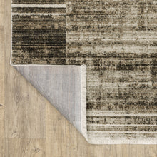 8' Beige Charcoal Brown Grey Tan Gold And Blue Geometric Power Loom Runner Rug With Fringe
