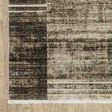 8' Beige Charcoal Brown Grey Tan Gold And Blue Geometric Power Loom Runner Rug With Fringe