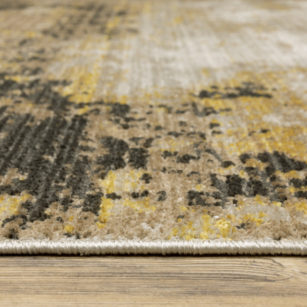 4' X 6' Grey Gold Black Charcoal And Beige Abstract Power Loom Stain Resistant Area Rug With Fringe
