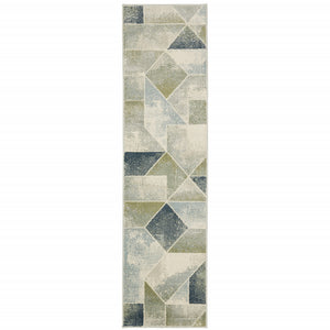 2' X 8' Blue Green Grey Gold And Ivory Geometric Power Loom Stain Resistant Runner Rug