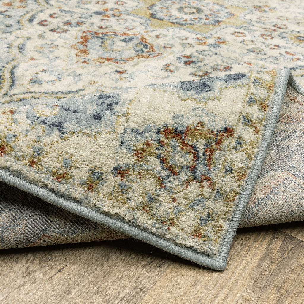 2' X 8' Blue Beige Rust Gold And Teal Oriental Power Loom Stain Resistant Runner Rug