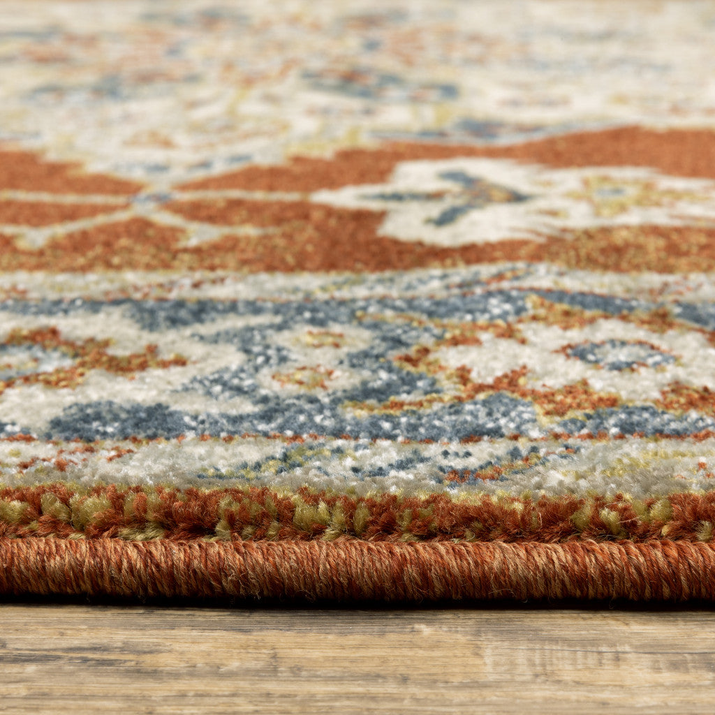 2' X 8' Rust Beige Teal Blue And Gold Oriental Power Loom Stain Resistant Runner Rug