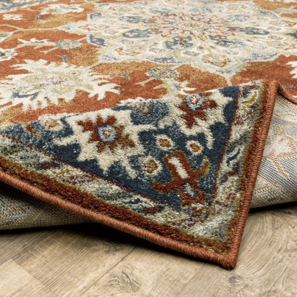 2' X 8' Rust Beige Teal Blue And Gold Oriental Power Loom Stain Resistant Runner Rug