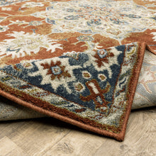 2' X 8' Rust Beige Teal Blue And Gold Oriental Power Loom Stain Resistant Runner Rug
