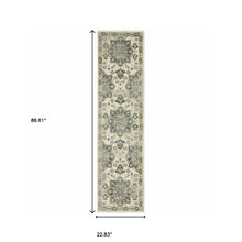 2' X 8' Ivory Blue Teal Grey And Olive Green Oriental Power Loom Stain Resistant Runner Rug