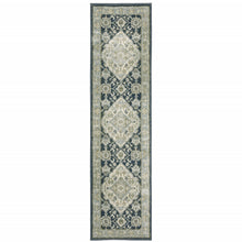 2' X 8' Teal Blue Ivory Green And Grey Oriental Power Loom Stain Resistant Runner Rug
